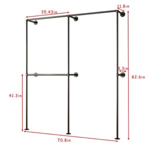 DR.IRON Industrial Pipe Clothing Racks with Double Bar, Industrial Black Clothes Racks Wall Mounted, Heavy Duty Closet Rods for Hanging Clothes Organizer Storage