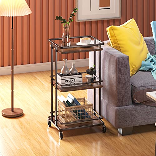 OKZEST 3 Tier Bar Cart for Home, Rolling Mini Liquor Bar for Wine Beverage Dinner Party, Utility Kitchen Storage Island Serving Cart on Wheels, Coffee Bar Cabinet for Kitchen Dining Living Room, Brown