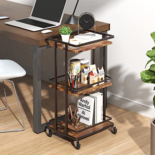 OKZEST 3 Tier Bar Cart for Home, Rolling Mini Liquor Bar for Wine Beverage Dinner Party, Utility Kitchen Storage Island Serving Cart on Wheels, Coffee Bar Cabinet for Kitchen Dining Living Room, Brown