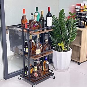 OKZEST 3 Tier Bar Cart for Home, Rolling Mini Liquor Bar for Wine Beverage Dinner Party, Utility Kitchen Storage Island Serving Cart on Wheels, Coffee Bar Cabinet for Kitchen Dining Living Room, Brown