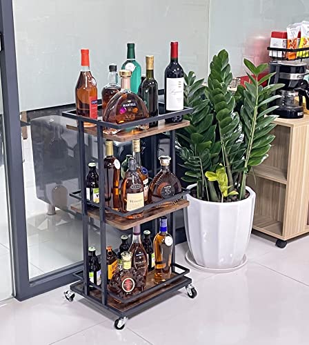 OKZEST 3 Tier Bar Cart for Home, Rolling Mini Liquor Bar for Wine Beverage Dinner Party, Utility Kitchen Storage Island Serving Cart on Wheels, Coffee Bar Cabinet for Kitchen Dining Living Room, Brown