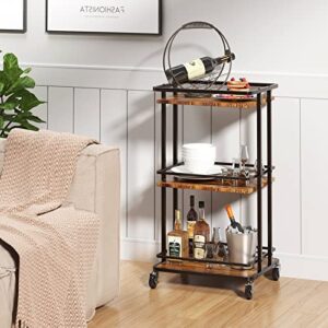 OKZEST 3 Tier Bar Cart for Home, Rolling Mini Liquor Bar for Wine Beverage Dinner Party, Utility Kitchen Storage Island Serving Cart on Wheels, Coffee Bar Cabinet for Kitchen Dining Living Room, Brown