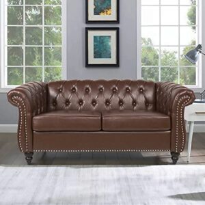 miyzeal chesterfield loveseat leather, modern button tufted upholstered sofa 2 seater couch, mid-century roll arm classic pu faux leather settee with nailhead trim for living room, 64'' (dark brown)