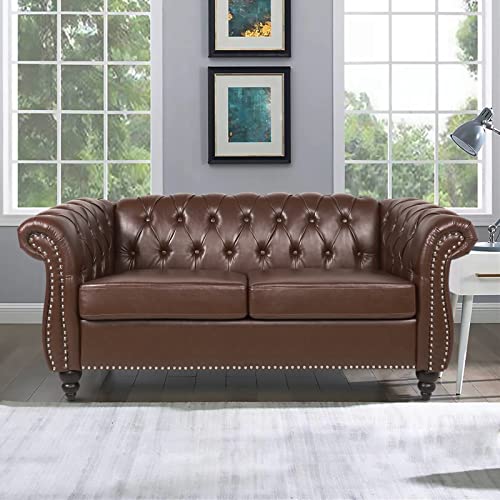 MIYZEAL Chesterfield Loveseat Leather, Modern Button Tufted Upholstered Sofa 2 Seater Couch, Mid-Century Roll Arm Classic PU Faux Leather Settee with Nailhead Trim for Living Room, 64'' (Dark Brown)