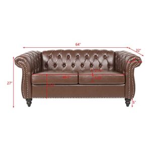 MIYZEAL Chesterfield Loveseat Leather, Modern Button Tufted Upholstered Sofa 2 Seater Couch, Mid-Century Roll Arm Classic PU Faux Leather Settee with Nailhead Trim for Living Room, 64'' (Dark Brown)