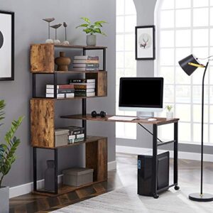 merax, brown l shaped corner desk with shelves and storage, rotating, 5-tier bookcase, multi-functional office workstation
