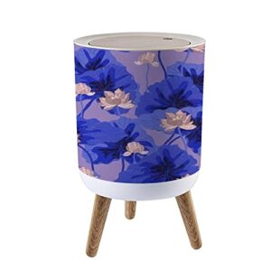 small trash can with lid for bathroom kitchen office diaper beige lotuses large indigo blue leaves a lilac color seamless floral bedroom garbage trash bin dog proof waste basket cute decorative