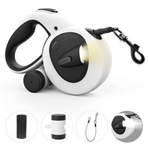 retractable dog leash with led flashlight & poop bag holder, 16ft heavy duty leash with chew proof cable for large medium small dog up to 110lbs, anti-slip soft handle, 360° tangle-free white/black