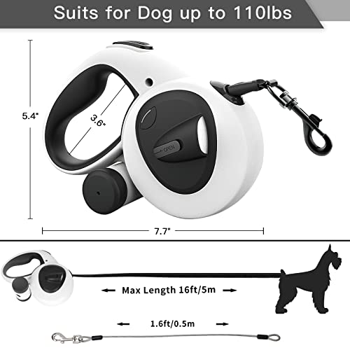 Retractable Dog Leash with LED Flashlight & Poop Bag Holder, 16FT Heavy Duty Leash with Chew Proof Cable for Large Medium Small Dog up to 110lbs, Anti-Slip Soft Handle, 360° Tangle-Free White/Black