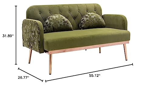 HomSof, Green Loveseat Velvet Chair, Small Couch for Bedroom, Sofa with Metal feet, 2 Pillows Included