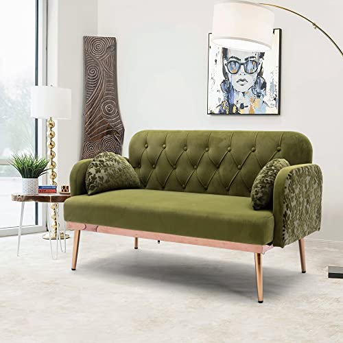 HomSof, Green Loveseat Velvet Chair, Small Couch for Bedroom, Sofa with Metal feet, 2 Pillows Included