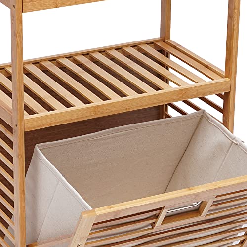 3-Tier Bamboo Laundry Hamper Cabinet Organizer Floor Stand Bathroom Storage Shelf Cabinet with Tilt Out Laundry Basket Dirty Clothes Bag for Laundry Room Bathroom Bedroom Closet