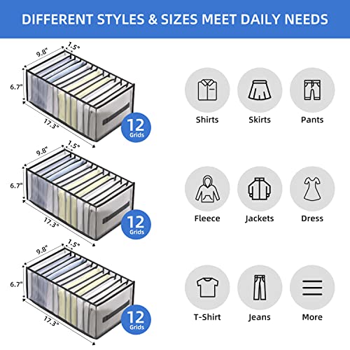 Closet Organizers and Storage, 12 Grids T-Shirt Organizer for Closet, Wardrobe Clothes Organizer, Clothes Organizer Jean Organizer for Closet, Clothes Storage Organizer for Pants, Shirts(3 Pcs,Black)