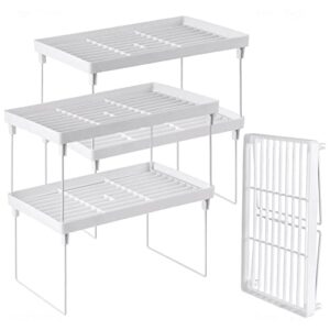 nihome 4-pack stackable plastic kitchen storage shelf foldable rack - white kitchen cabinet organizer and storage shelves stackable expandable storage racks for counter cabinet pantry