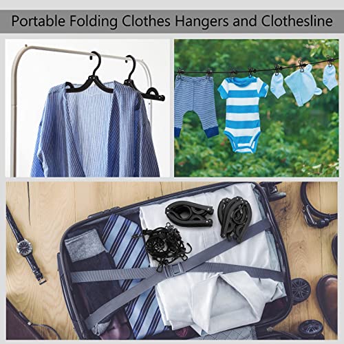 12Pcs Foldable Travel Hangers + 1Pcs Retractable Portable Clothesline with 12 Clothespins, Collapsible Clothes Hangers and Elastic Travel Clothesline for Outdoor and Indoor Use