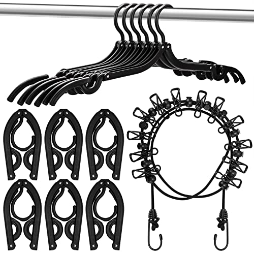 12Pcs Foldable Travel Hangers + 1Pcs Retractable Portable Clothesline with 12 Clothespins, Collapsible Clothes Hangers and Elastic Travel Clothesline for Outdoor and Indoor Use