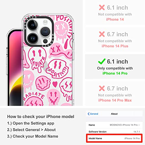 MOSNOVO Compatible with iPhone 14 Pro Case, [Buffertech 6.6 ft Drop Impact] [Anti Peel Off Tech] Clear TPU Bumper Phone Case Cover Pink Smiles Positivity Radiate Face Designed for iPhone 14 Pro 6.1"