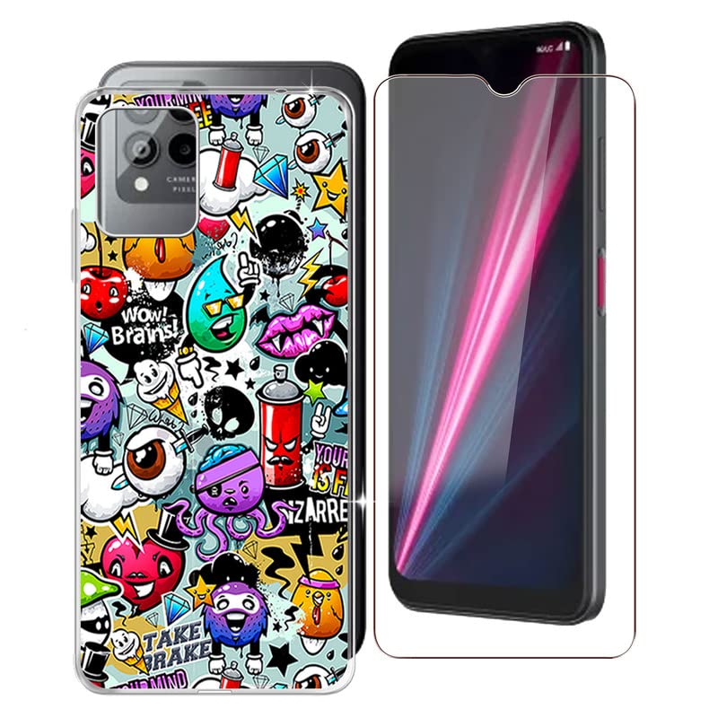 KJYF Phone Case for T-Mobile Revvl 6 Pro 5G (6.82"), with [1 x Tempered Glass Protective Film], Clear TPU Shell Ultra-Thin Anti-Scratch Case for T-Mobile Revvl 6 Pro 5G - Cartoon Graffiti