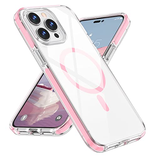 MILPROX Compatible with Magsafe for iPhone 14 Pro Clear Case 2022, Magnetic Crystal Transparent Cover Shockproof Protective Anti-Yellow Heavy Duty Bumper Shell for iPhone 14 Pro 6.1" - Pink