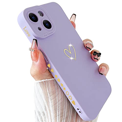 SmoBea iPhone 14 Case (Not for 14 Pro) - Luxury Gold Heart, Soft Liquid Silicone, Shockproof, Slim Phone Cover, Purple