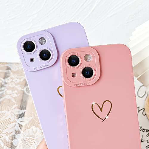 SmoBea iPhone 14 Case (Not for 14 Pro) - Luxury Gold Heart, Soft Liquid Silicone, Shockproof, Slim Phone Cover, Purple