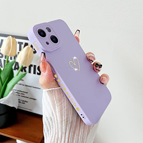 SmoBea iPhone 14 Case (Not for 14 Pro) - Luxury Gold Heart, Soft Liquid Silicone, Shockproof, Slim Phone Cover, Purple