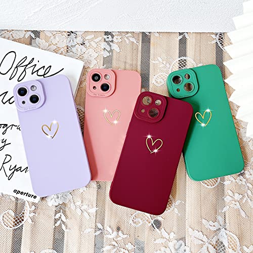 SmoBea iPhone 14 Case (Not for 14 Pro) - Luxury Gold Heart, Soft Liquid Silicone, Shockproof, Slim Phone Cover, Purple