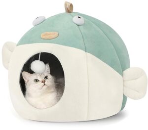 vanansa cat bed for indoor cats, large covered cat bed with anti-scratch lining, ultra soft cat hideaway, cute cat house with hanging toy, pet bed for large cats, puppy dog 9-13lb (green l, 18" x 15")