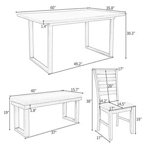 SweetFm Table & Chair Piece Wooden Dining, Kitchen Set with Rectangular Table, 4 Chairs and Padded Bench, Farmhouse Rustic Style Family Furniture for 6 Persons,Antique Graywash,Gray, 60in, Grey