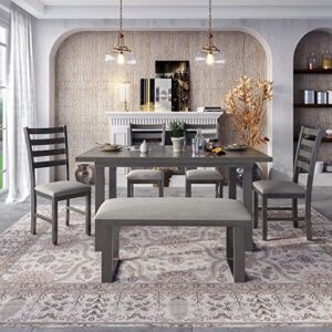 sweetfm table & chair piece wooden dining, kitchen set with rectangular table, 4 chairs and padded bench, farmhouse rustic style family furniture for 6 persons,antique graywash,gray, 60in, grey