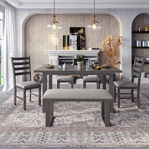 SweetFm Table & Chair Piece Wooden Dining, Kitchen Set with Rectangular Table, 4 Chairs and Padded Bench, Farmhouse Rustic Style Family Furniture for 6 Persons,Antique Graywash,Gray, 60in, Grey