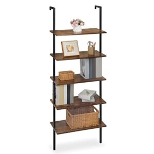monibloom 5-tier bookshelf wall mounted, 72 inches ladder shelf with metal frame for living room decor and storage, rustic brown