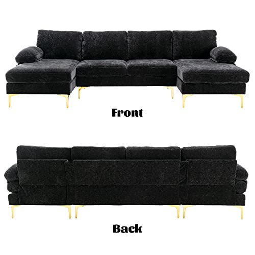 Homtique U Shaped Sectional Couch,Modern Large Modular Sectional Sofa for Living Room,Chenille Fabric Oversized Couch with Chaise Lounge and Golden Legs (Black)