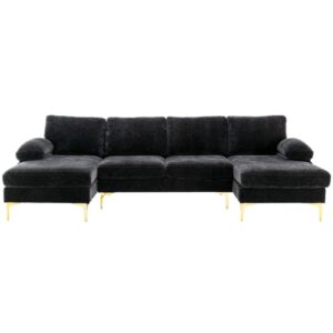 Homtique U Shaped Sectional Couch,Modern Large Modular Sectional Sofa for Living Room,Chenille Fabric Oversized Couch with Chaise Lounge and Golden Legs (Black)