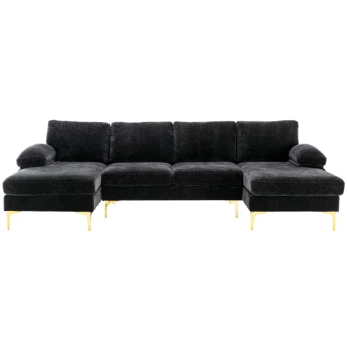 Homtique U Shaped Sectional Couch,Modern Large Modular Sectional Sofa for Living Room,Chenille Fabric Oversized Couch with Chaise Lounge and Golden Legs (Black)