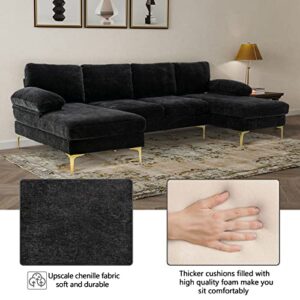 Homtique U Shaped Sectional Couch,Modern Large Modular Sectional Sofa for Living Room,Chenille Fabric Oversized Couch with Chaise Lounge and Golden Legs (Black)