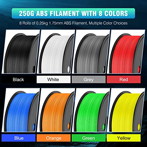 SUNLU 250g ABS Filament 1.75mm Bundle and PLA Meta 3D Printer Filament Black, Dimensional Accuracy +/- 0.02 mm, 0.25 kg Spool, 8 Rolls, Black+White+Grey+Blue+Yellow+Green+Red+Orange