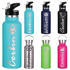 personalized water bottles with straw, custom insulated water bottle engraved name text for women men girls boys-12oz/26oz