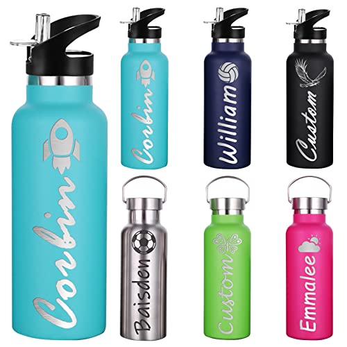 Personalized Water Bottles with Straw, Custom Insulated Water Bottle Engraved Name Text for Women Men Girls Boys-12oz/26oz