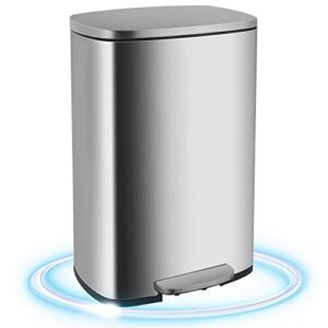 pazidom 13 gallon step trash can with soft close lid, 50 liter stainless steel pedal garbage bin with removable inner bucket, tall rectangular trash bin for kitchen office bedroom, silver