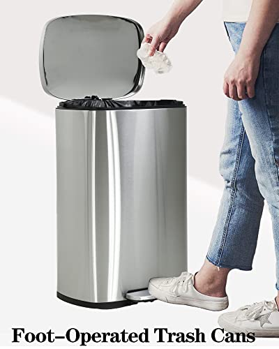 Pazidom 13 Gallon Step Trash Can with Soft Close Lid, 50 Liter Stainless Steel Pedal Garbage Bin with Removable Inner Bucket, Tall Rectangular Trash Bin for Kitchen Office Bedroom, Silver