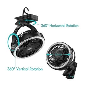 Modvany Clip On Fan Battery Operated Fan w/Hook 3 Speeds 5Inch LED Lights 360° Oscillating for Camping Bed Treadmi