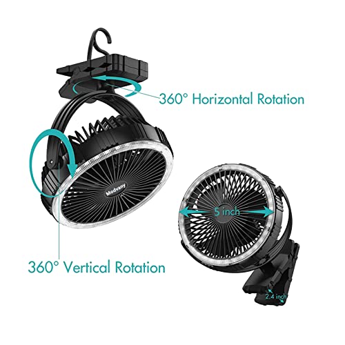 Modvany Clip On Fan Battery Operated Fan w/Hook 3 Speeds 5Inch LED Lights 360° Oscillating for Camping Bed Treadmi