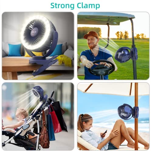 Modvany Clip On Fan Battery Operated Fan w/Hook 3 Speeds 5Inch LED Lights 360° Oscillating for Camping Bed Treadmi