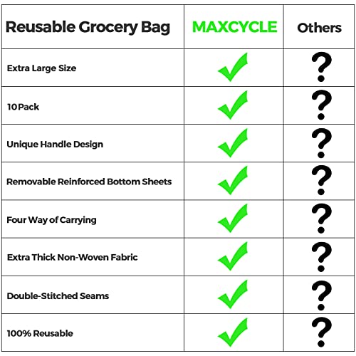 MAXCYCLE Reusable Grocery Bags 10 Pack Large Durable Foldable Shopping Tote Bags with 10 Removable Bottoms For Groceries