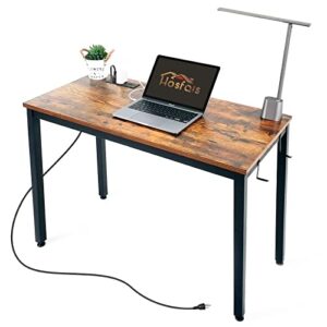 hosfais computer desk 40" with power strip, office desk writing study, small computer desks easy assembly stable metal frame, desk for home office small space workbench workstation, rustic brown