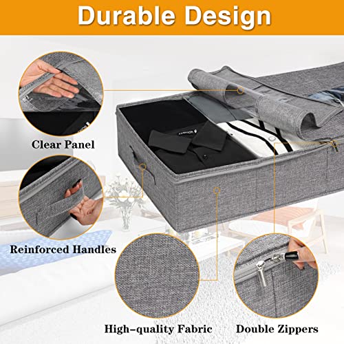 punemi Under Bed Storage Containers, 2 Pack Underbed Clothes Storage W/Adjustable Dividers, Firm Sides Organizer Bags With Clear Panel & 3 Reinforced Handles for Clothing Shoes, 6 Inches Low Profile