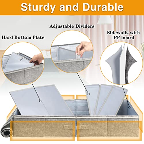 punemi Under Bed Storage Containers, 2 Pack Underbed Clothes Storage W/Adjustable Dividers, Firm Sides Organizer Bags With Clear Panel & 3 Reinforced Handles for Clothing Shoes, 6 Inches Low Profile