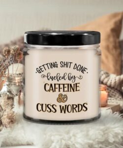 the improper mug fueled by caffeine and cuss words candle for coffee lovers sarcastic rude birthday christmas ideas for mom dad funny adult humor 9 oz. vanilla scented