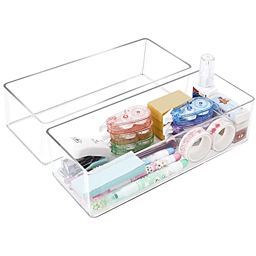 POPPEYGO Stackable Clear Drawer Organizers Small Makeup Vanity Storage Bins Trays and Office Desk Drawer Dividers Single Compartment 2 Pack